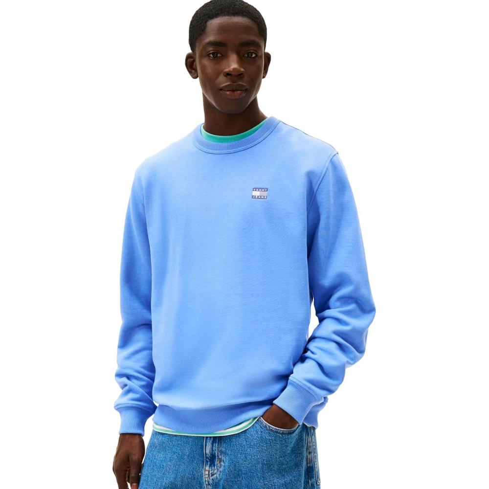 imageTommy Jeans mens Medium Weight Crewneck Sweatshirt With Embroidered Flag LogoLight Horizon Blue Heather