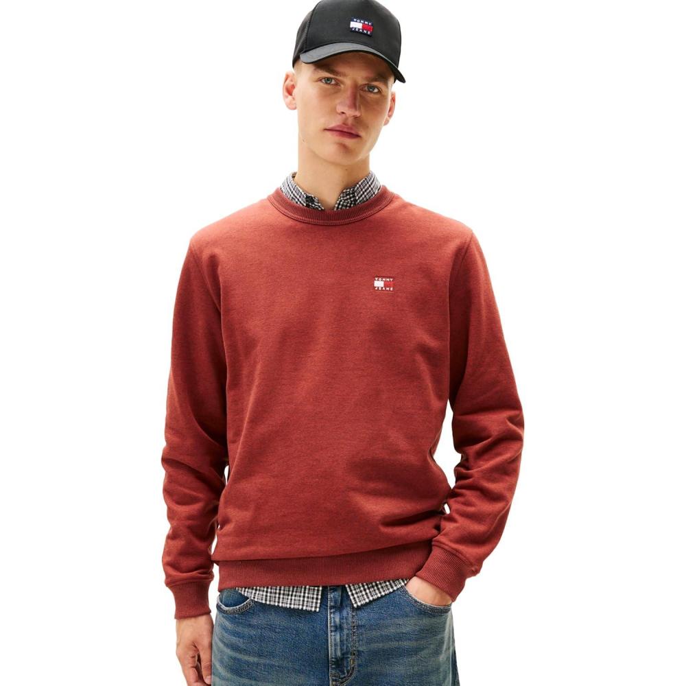 imageTommy Jeans mens Medium Weight Crewneck Sweatshirt With Embroidered Flag LogoTerracotta Red Heather
