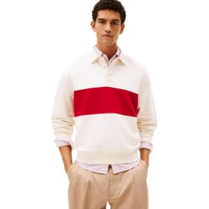 Tommy Hilfiger Mens Color Block Fleece Long Sleeve Pullover Sweater Polo(Ivory Petal)
