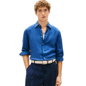 Tommy Hilfiger Mens Long Sleeve Casual Linen Button Down Shirts in Regular Fit(Blue Jean)