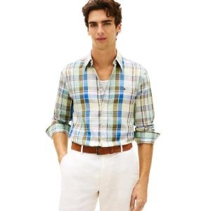 Tommy Hilfiger Mens Long Sleeve Casual Linen Button Down Shirts in Regular Fit(Citronella / Check)