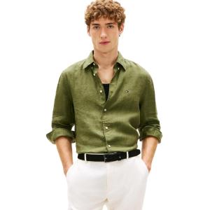 Tommy Hilfiger Mens Long Sleeve Casual Linen Button Down Shirts in Regular Fit(Dark Artichoke)