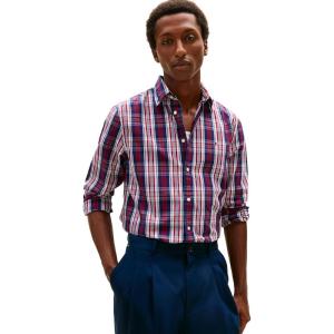 Tommy Hilfiger Mens Long Sleeve Poplin Shirts in Regular Fit, Men’s Button Down Shirts, Also Available in Big and Tall(Preppy Navy / Check)
