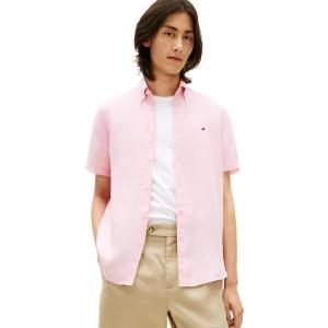 Tommy Hilfiger Mens Short Sleeve Casual Linen Button Down Shirts in Regular Fit(Classic Pink)