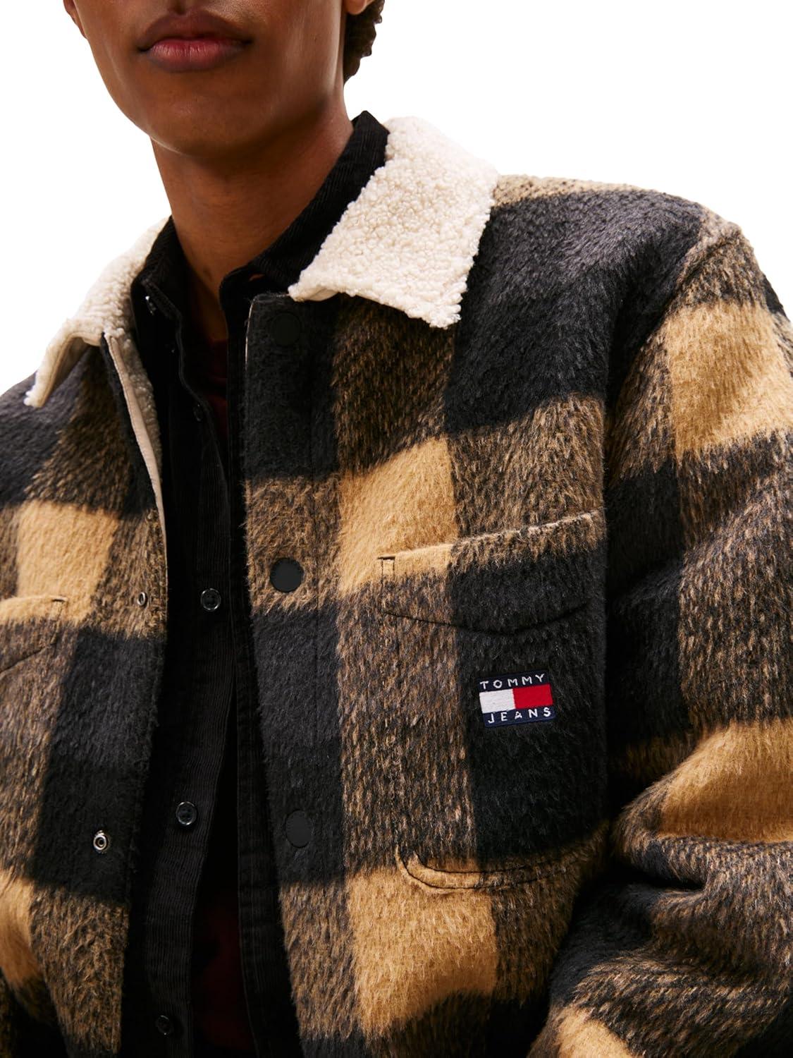 imageTommy Jeans mens Lightweight Check Teddy Overshirt With Embroidered LogoBlack Buffalo Check