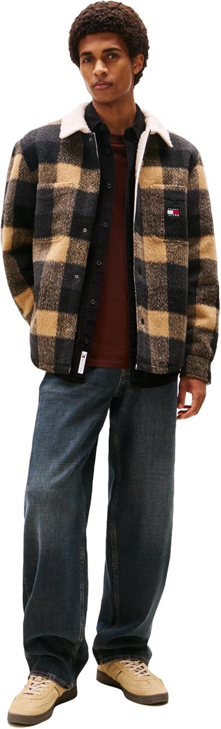 imageTommy Jeans mens Lightweight Check Teddy Overshirt With Embroidered LogoBlack Buffalo Check