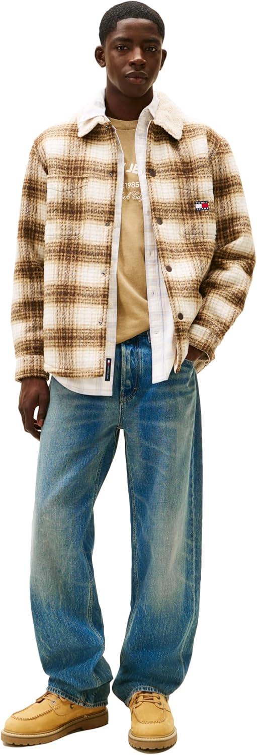 imageTommy Jeans mens Lightweight Check Teddy Overshirt With Embroidered LogoBlack WalnutCheck