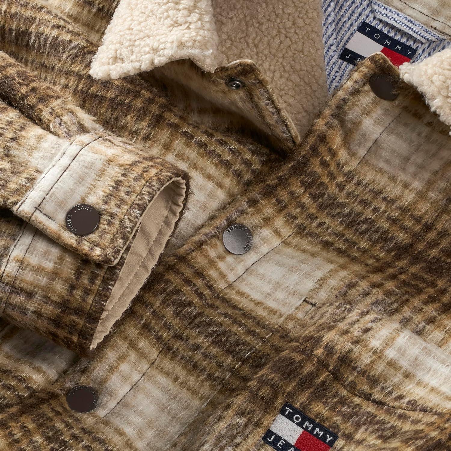 imageTommy Jeans mens Lightweight Check Teddy Overshirt With Embroidered LogoBlack WalnutCheck