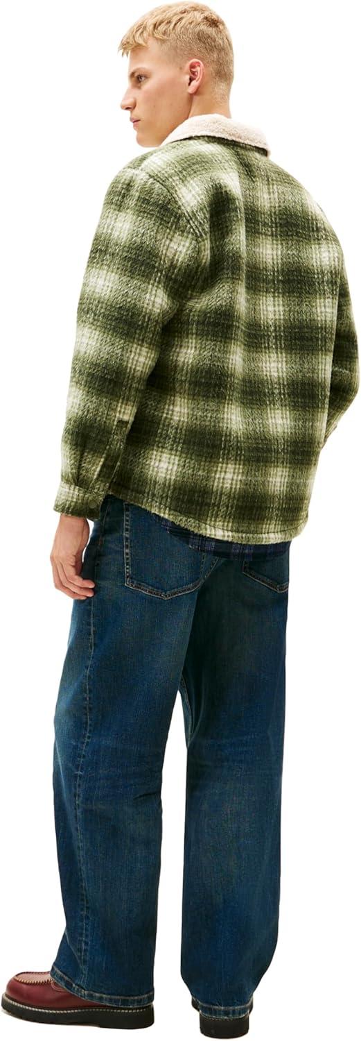 imageTommy Jeans mens Lightweight Check Teddy Overshirt With Embroidered LogoDark GreeneryCheck