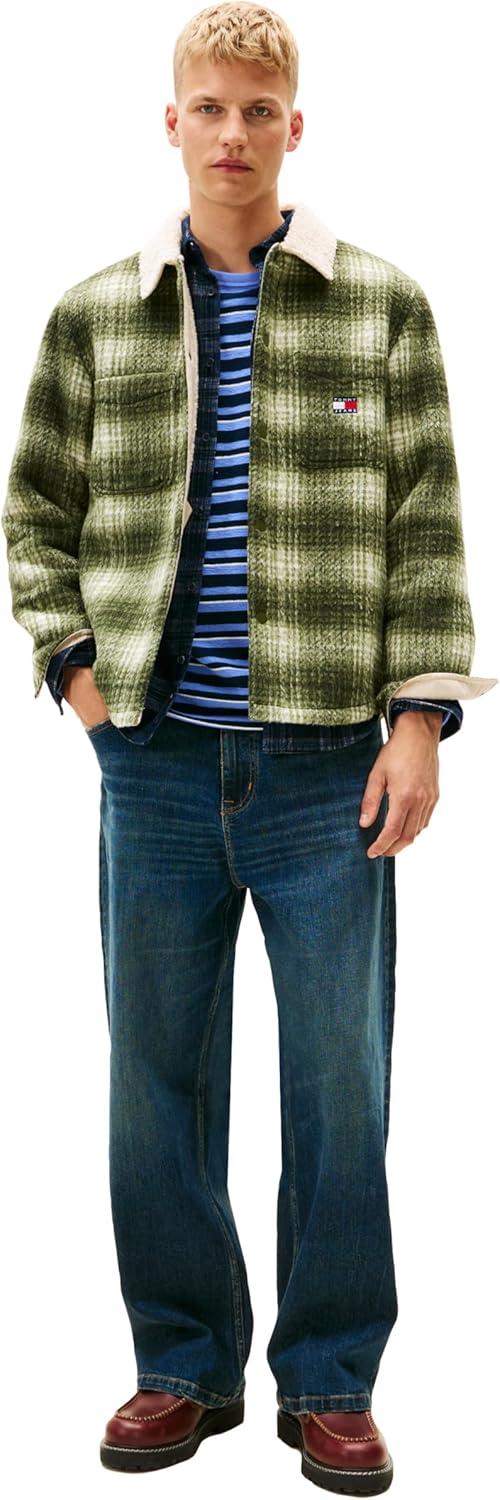 imageTommy Jeans mens Lightweight Check Teddy Overshirt With Embroidered LogoDark GreeneryCheck