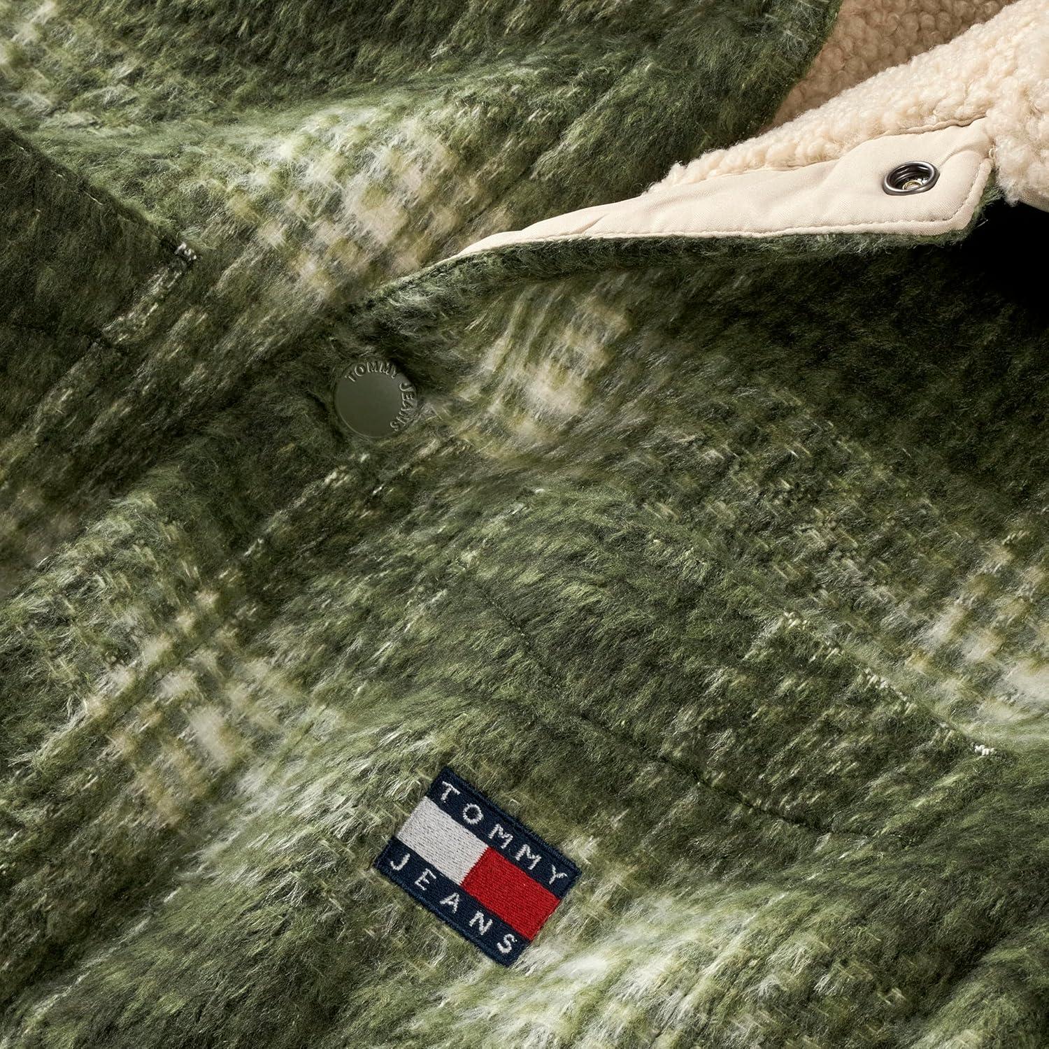 imageTommy Jeans mens Lightweight Check Teddy Overshirt With Embroidered LogoDark GreeneryCheck