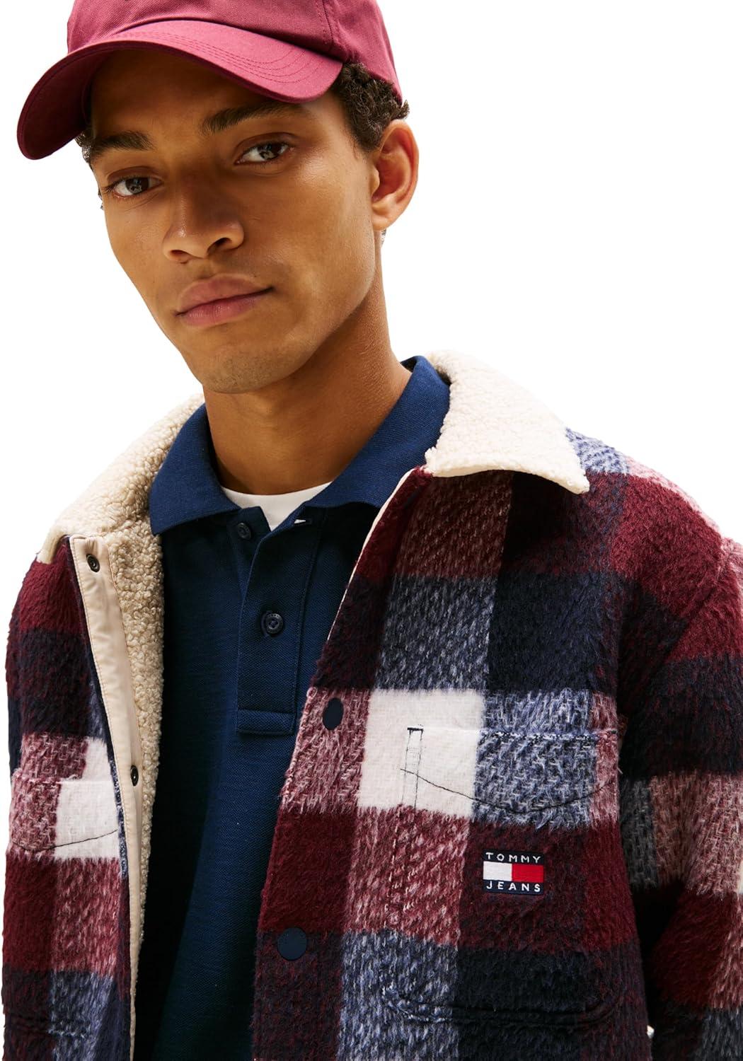 imageTommy Jeans mens Lightweight Check Teddy Overshirt With Embroidered LogoDark Night Navy Buffalo Check