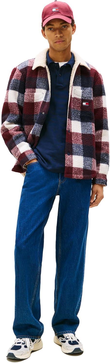 imageTommy Jeans mens Lightweight Check Teddy Overshirt With Embroidered LogoDark Night Navy Buffalo Check