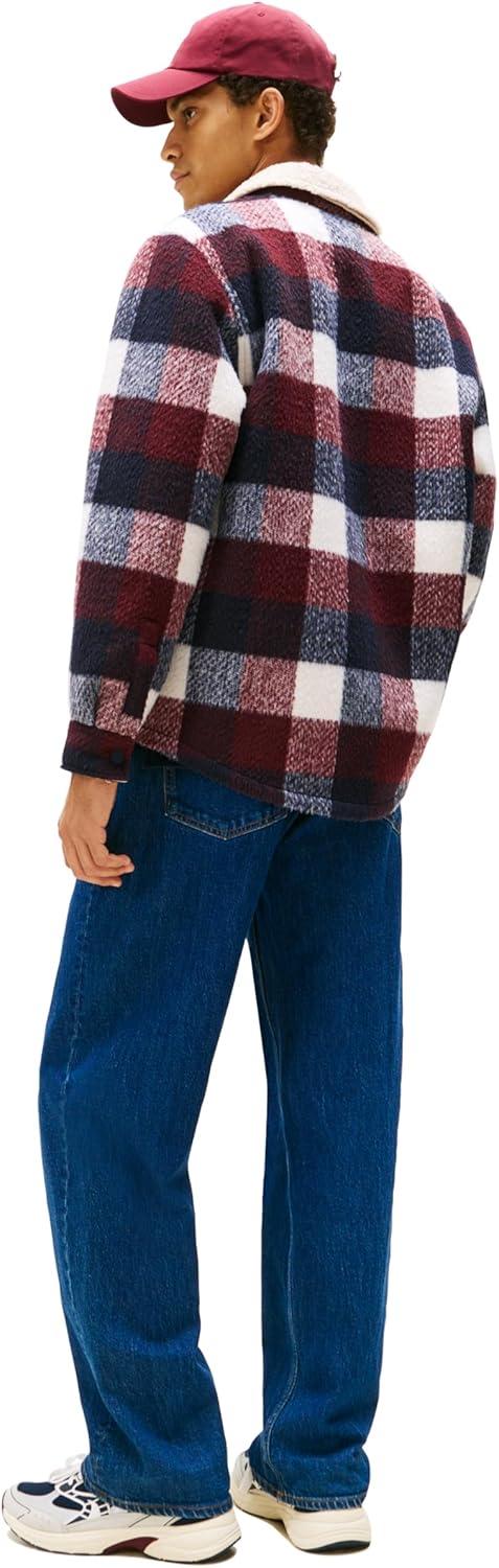 imageTommy Jeans mens Lightweight Check Teddy Overshirt With Embroidered LogoDark Night Navy Buffalo Check