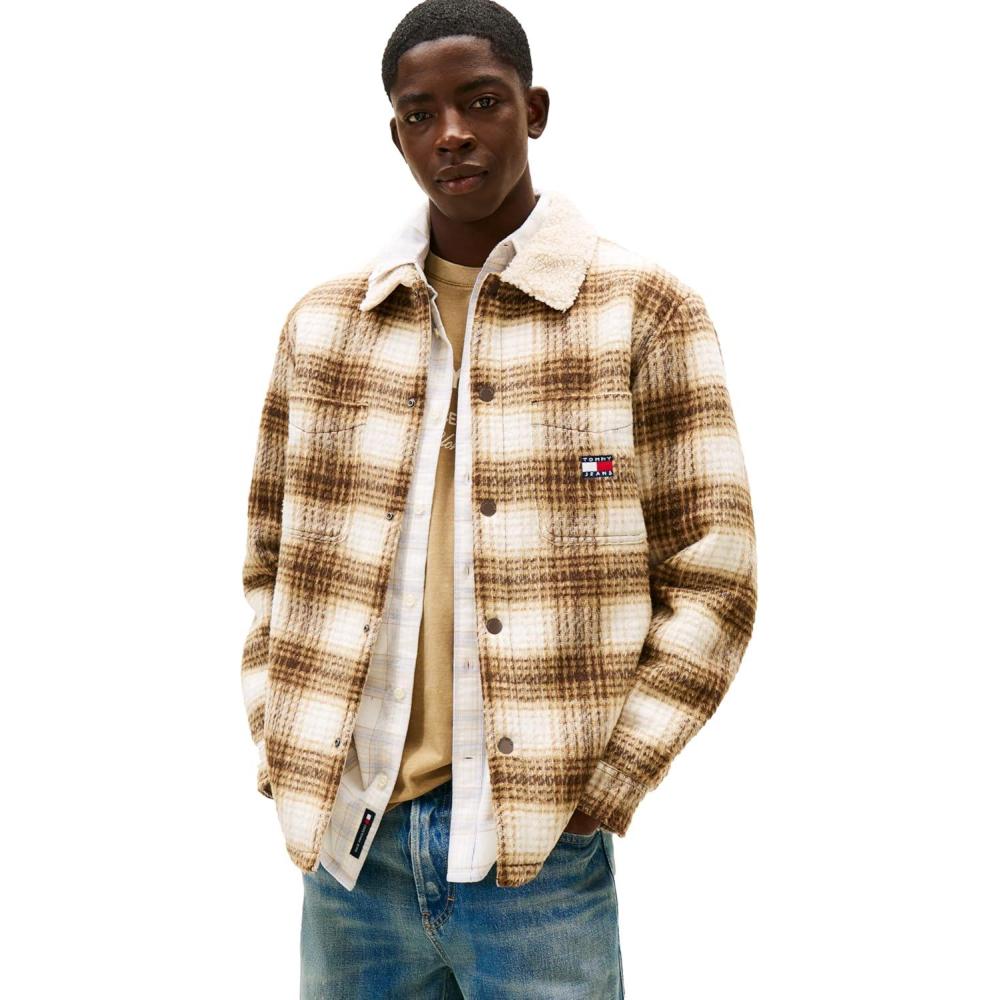 imageTommy Jeans mens Lightweight Check Teddy Overshirt With Embroidered LogoBlack WalnutCheck