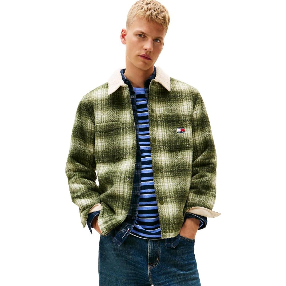 imageTommy Jeans mens Lightweight Check Teddy Overshirt With Embroidered LogoDark GreeneryCheck