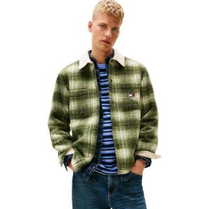 Tommy Jeans mens Lightweight Check Teddy Overshirt With Embroidered Logo(Dark Greenery/Check)