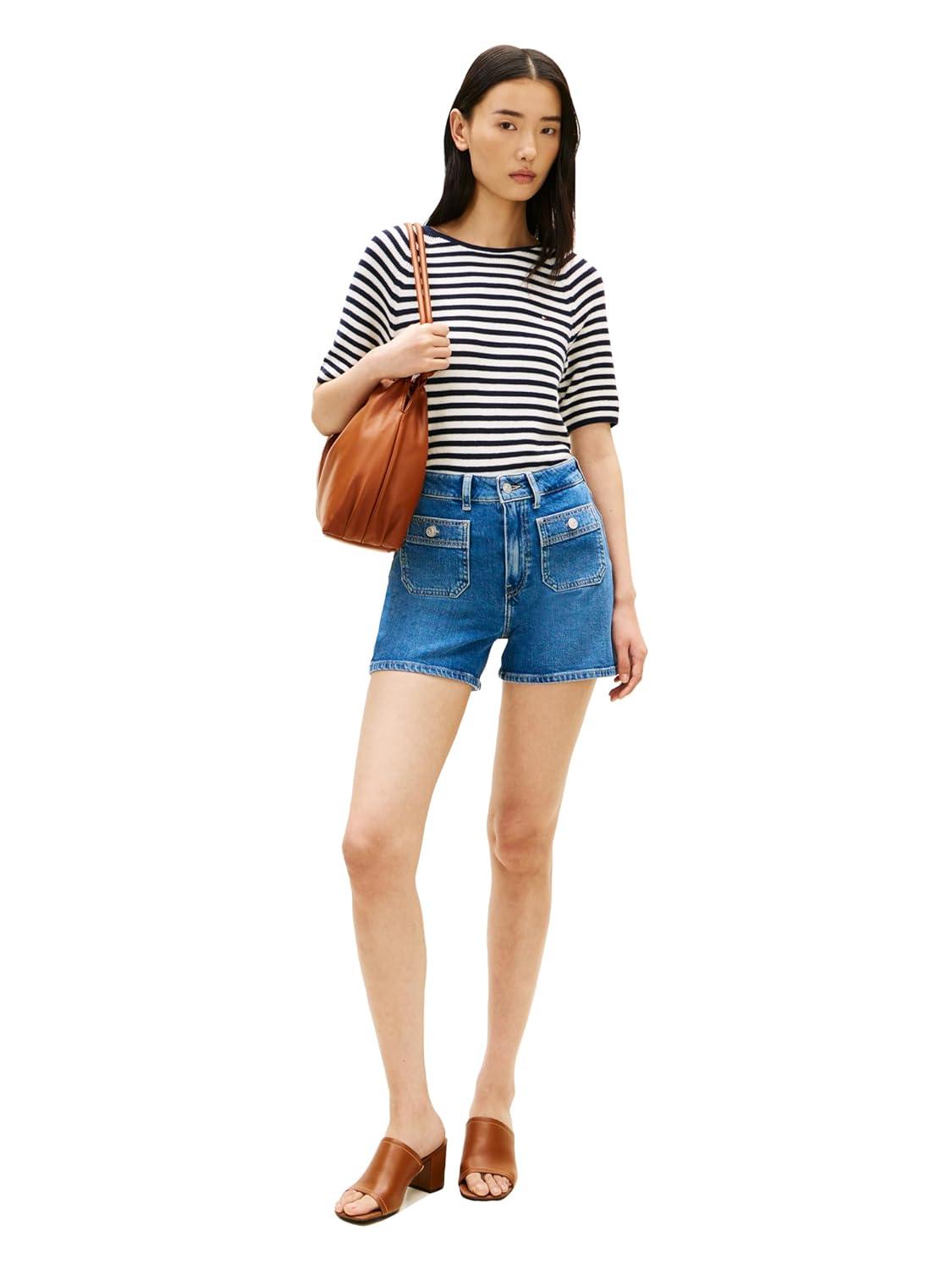 imageTommy Hilfiger Womens High Rise Denim Shorts with Stretch and PocketsMid Blue