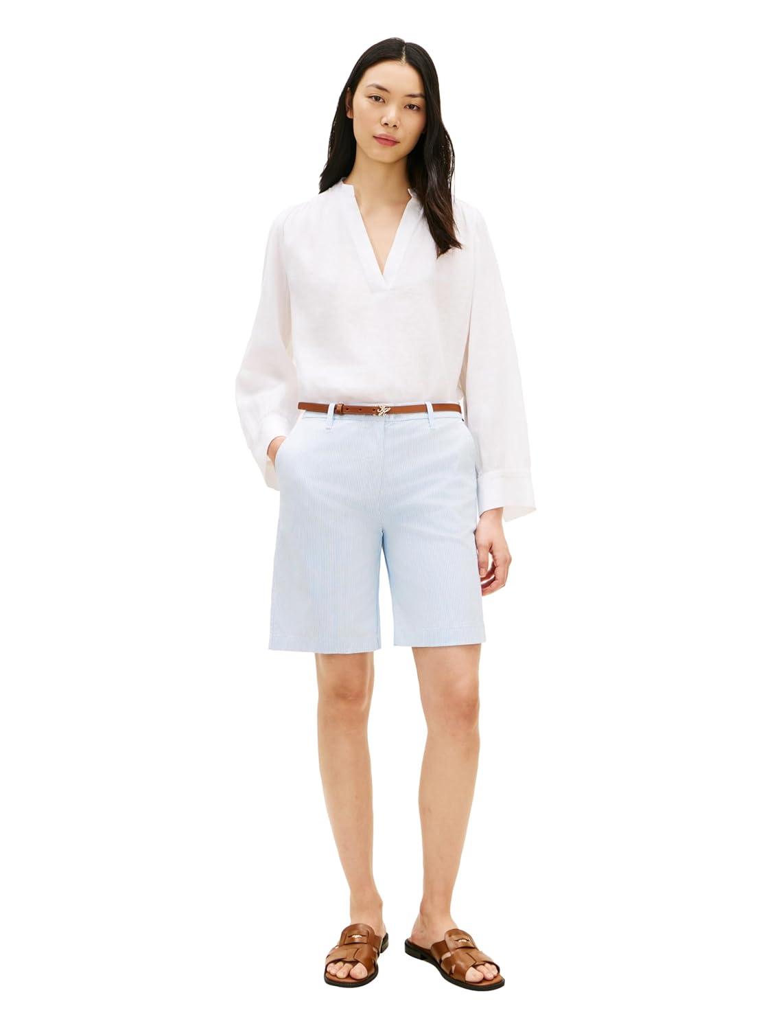 imageTommy Hilfiger Womens Mid Rise 9 Chino Shorts with Stretch Bermuda ShortsClassic Ithaca Flag Stripe WhiteVessel Blue
