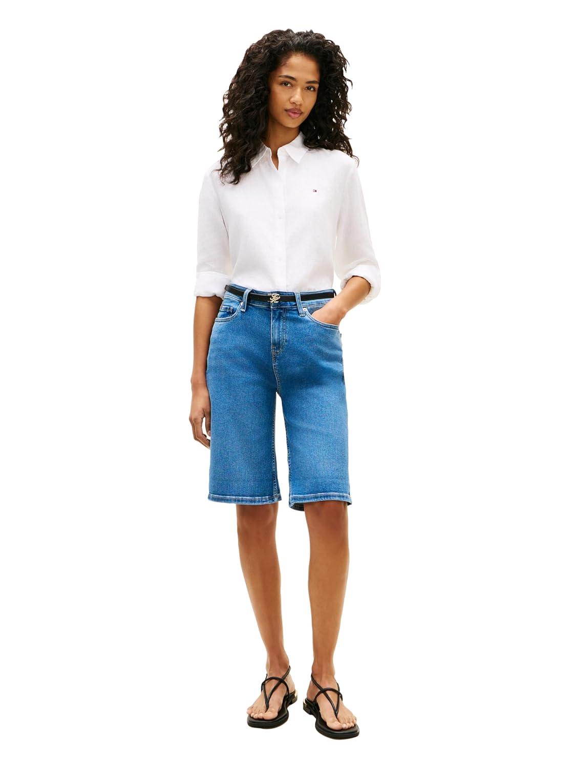 imageTommy Hilfiger Womens Mid Rise 9 Denim Shorts with Stretch Bermuda ShortsMid Blue
