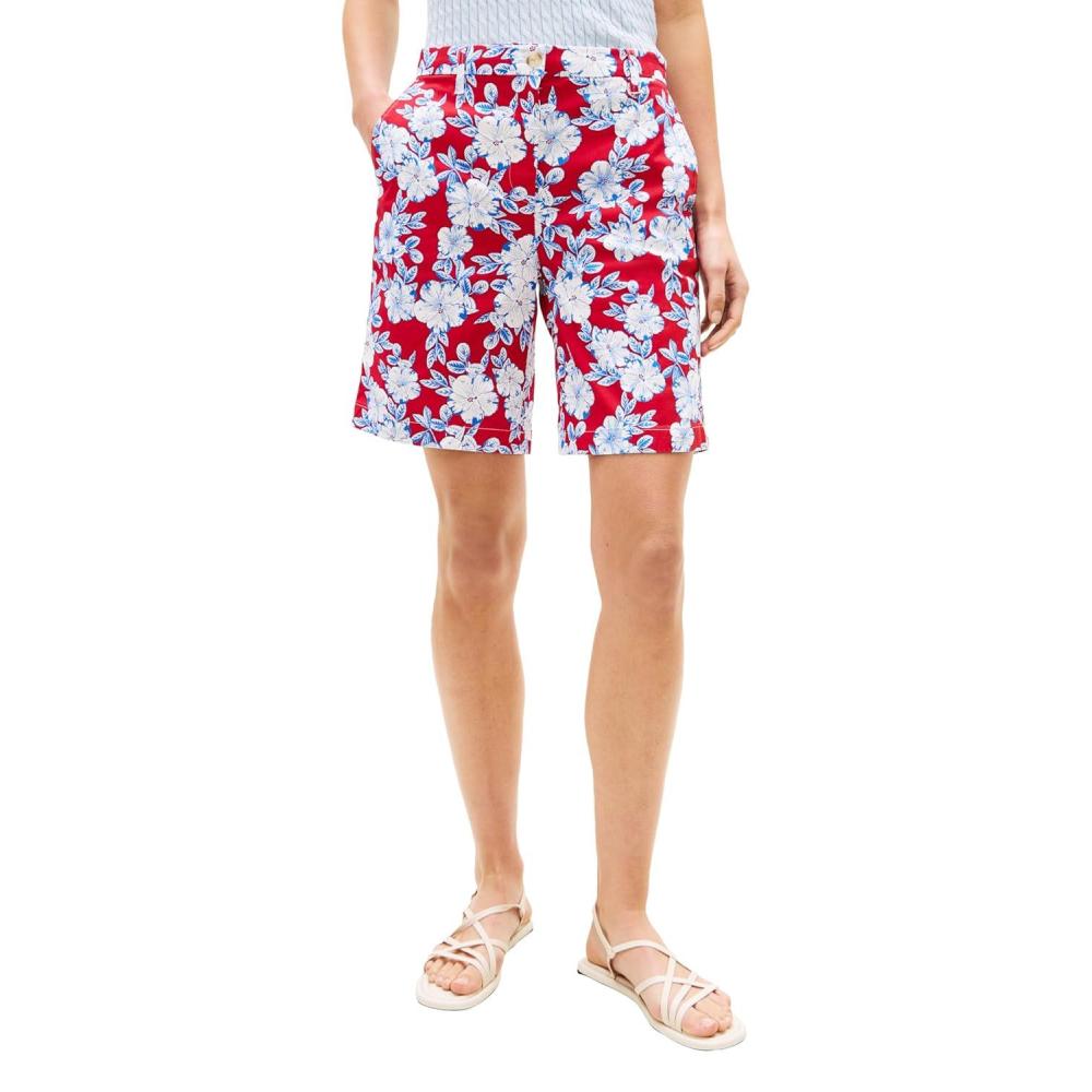 imageTommy Hilfiger Womens Mid Rise 9 Chino Shorts with Stretch Bermuda ShortsDense Hibiscus Primary Red