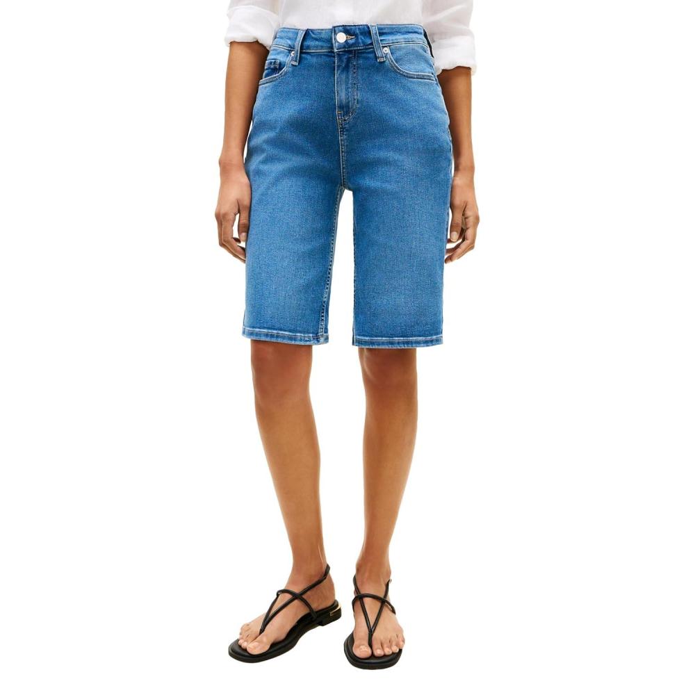 imageTommy Hilfiger Womens Mid Rise 9 Denim Shorts with Stretch Bermuda ShortsMid Blue