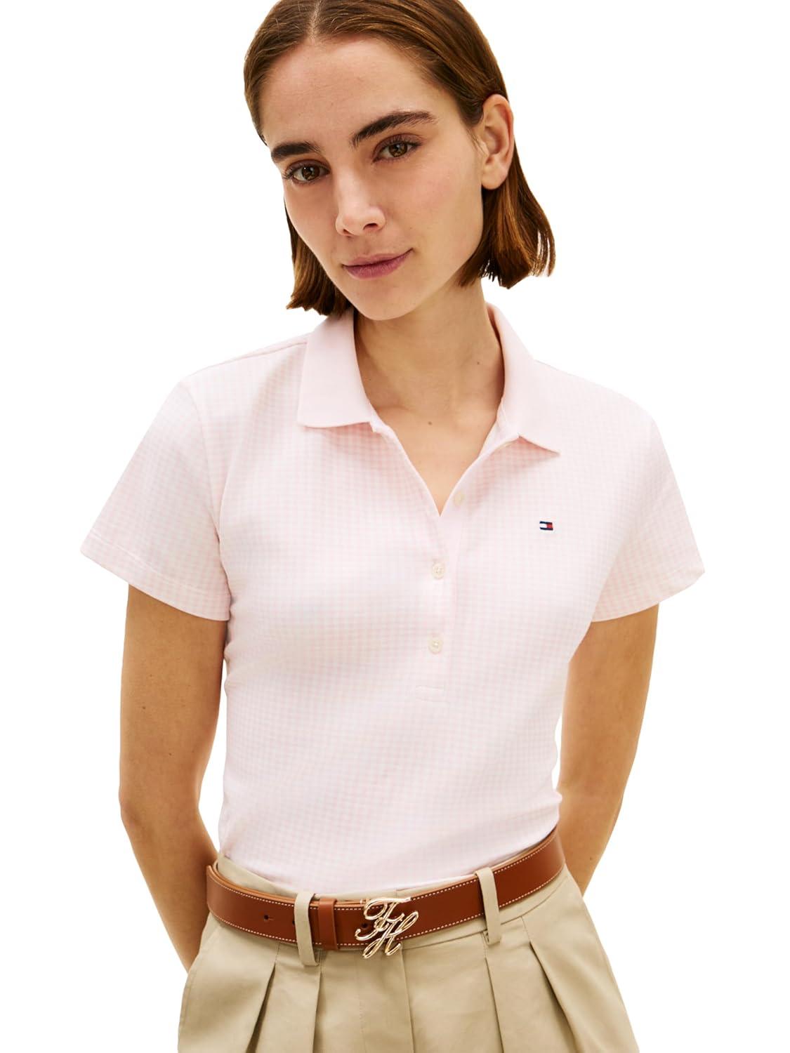 imageTommy Hilfiger Womens Cotton Pique Short Sleeve Polo Shirt in Classic Fit with StretchGingham Check Light Pink