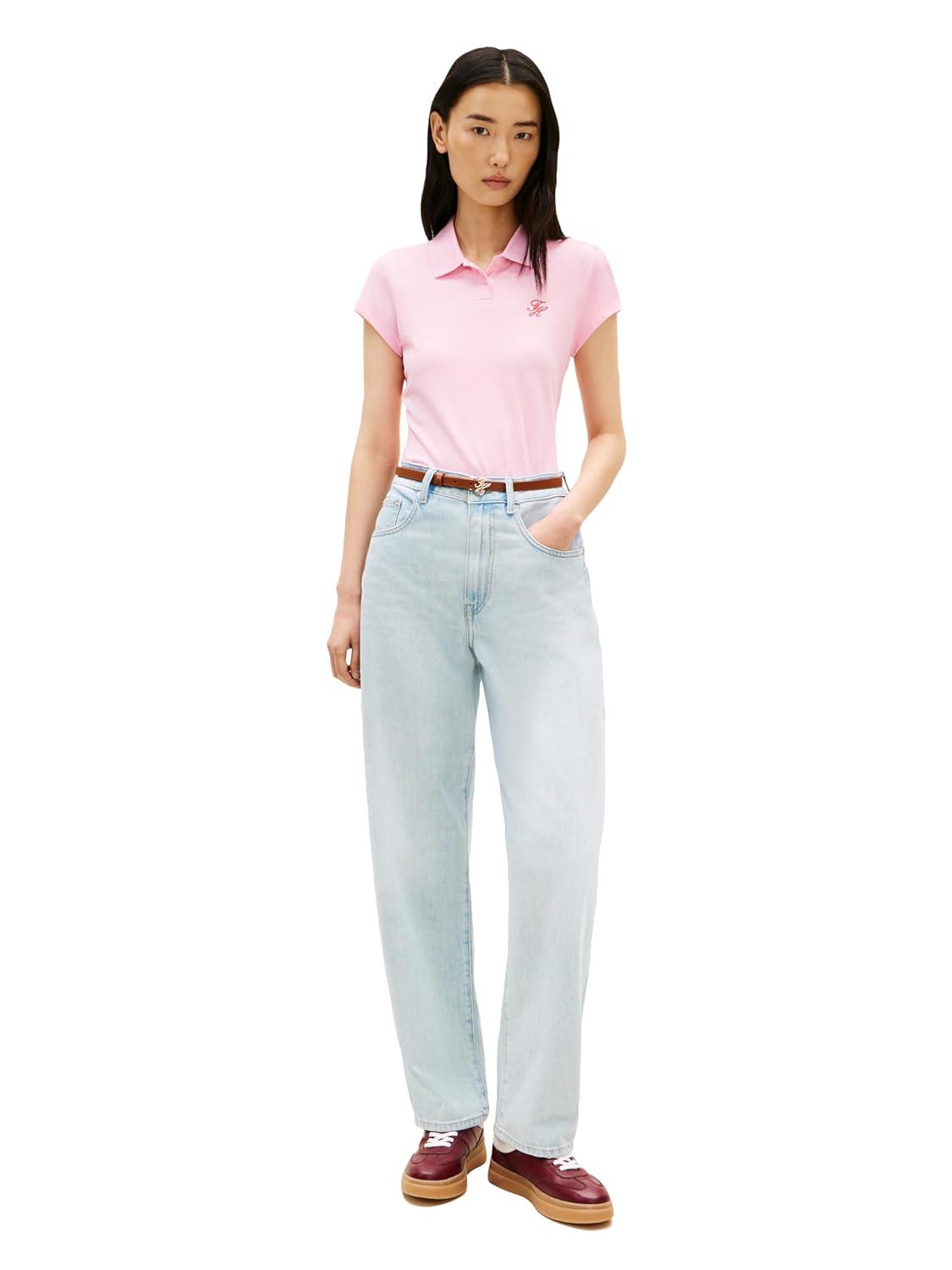 imageTommy Hilfiger Womens Cotton Pique Short Sleeve Polo Shirt in Slim Fit with Stretch and Monogram LogoClassic Pink