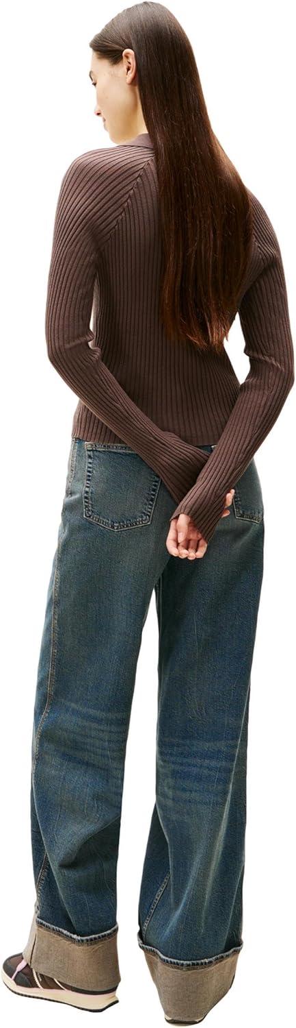 imageTommy Jeans Womens Long Sleeve Ribbed Polo Sweater with Embroidered Flag LogoBlack Walnut