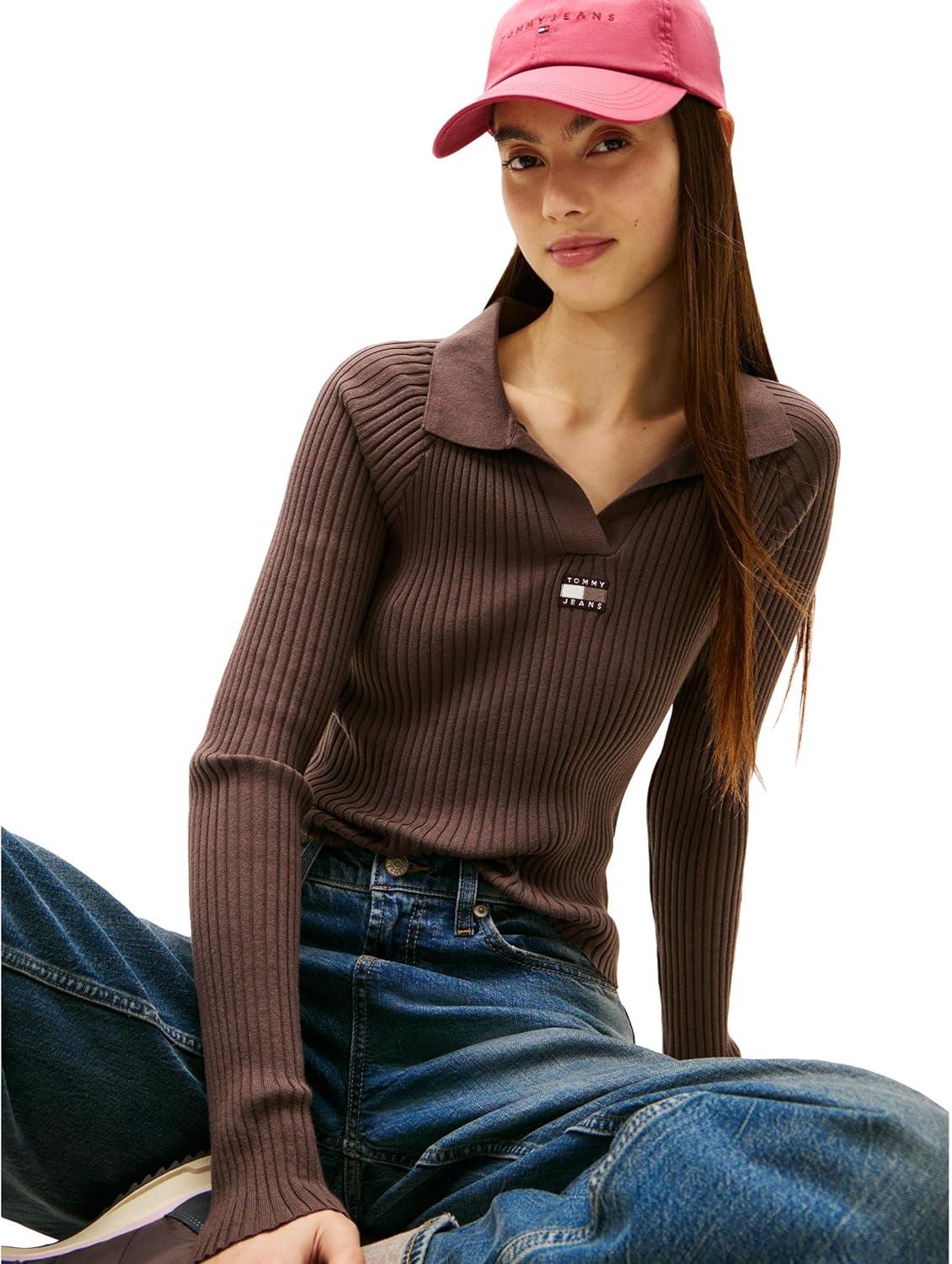 imageTommy Jeans Womens Long Sleeve Ribbed Polo Sweater with Embroidered Flag LogoBlack Walnut