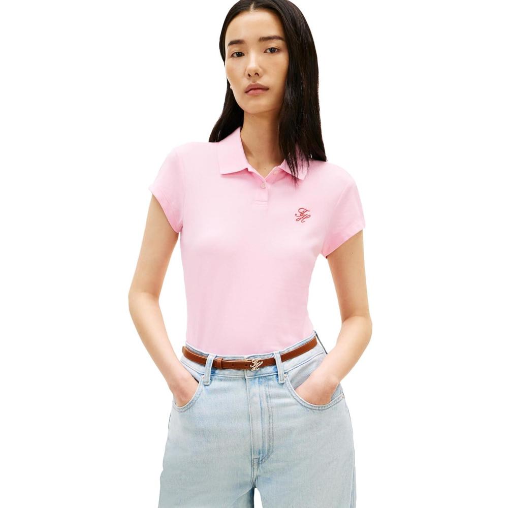 imageTommy Hilfiger Womens Cotton Pique Short Sleeve Polo Shirt in Slim Fit with Stretch and Monogram LogoClassic Pink