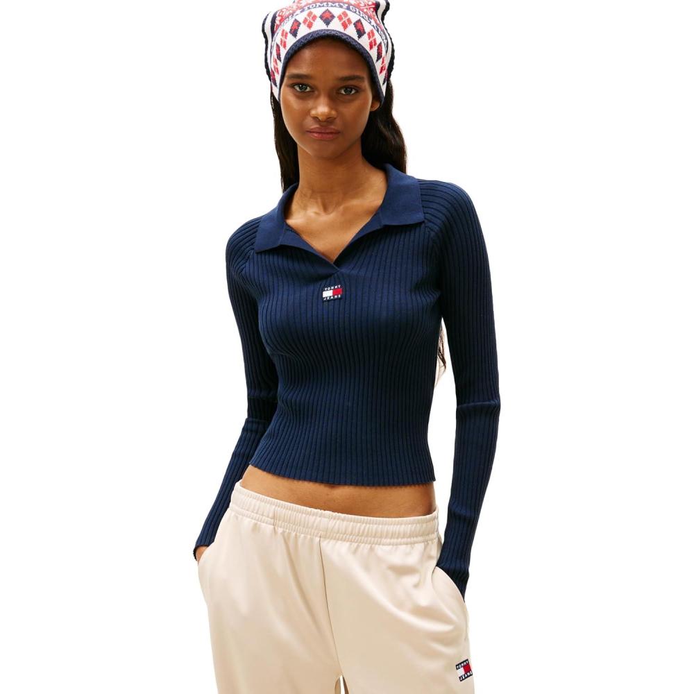 imageTommy Jeans Womens Long Sleeve Ribbed Polo Sweater with Embroidered Flag LogoDark Night Navy