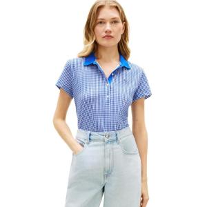 Tommy Hilfiger Womens Cotton Pique Short Sleeve Polo Shirt in Classic Fit with Stretch(Blue Orbit Gingham)