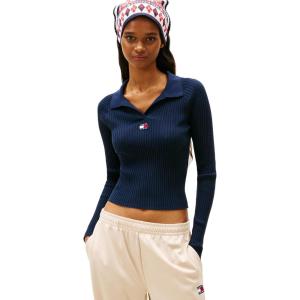 Tommy Jeans Womens Long Sleeve Ribbed Polo Sweater with Embroidered Flag Logo(Dark Night Navy)