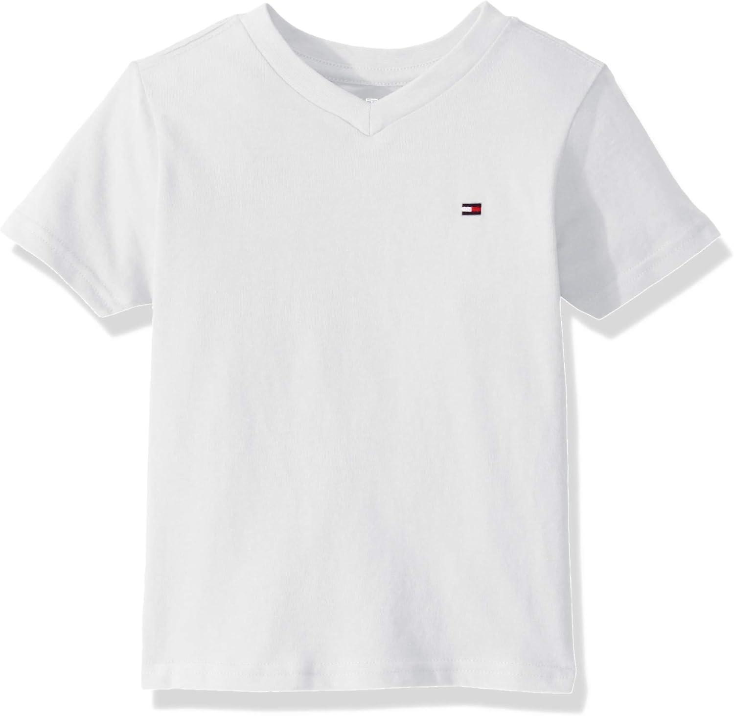 imageTommy Hilfiger Boys Short Sleeve Flag Solid VNeck TShirtClassic Bright White