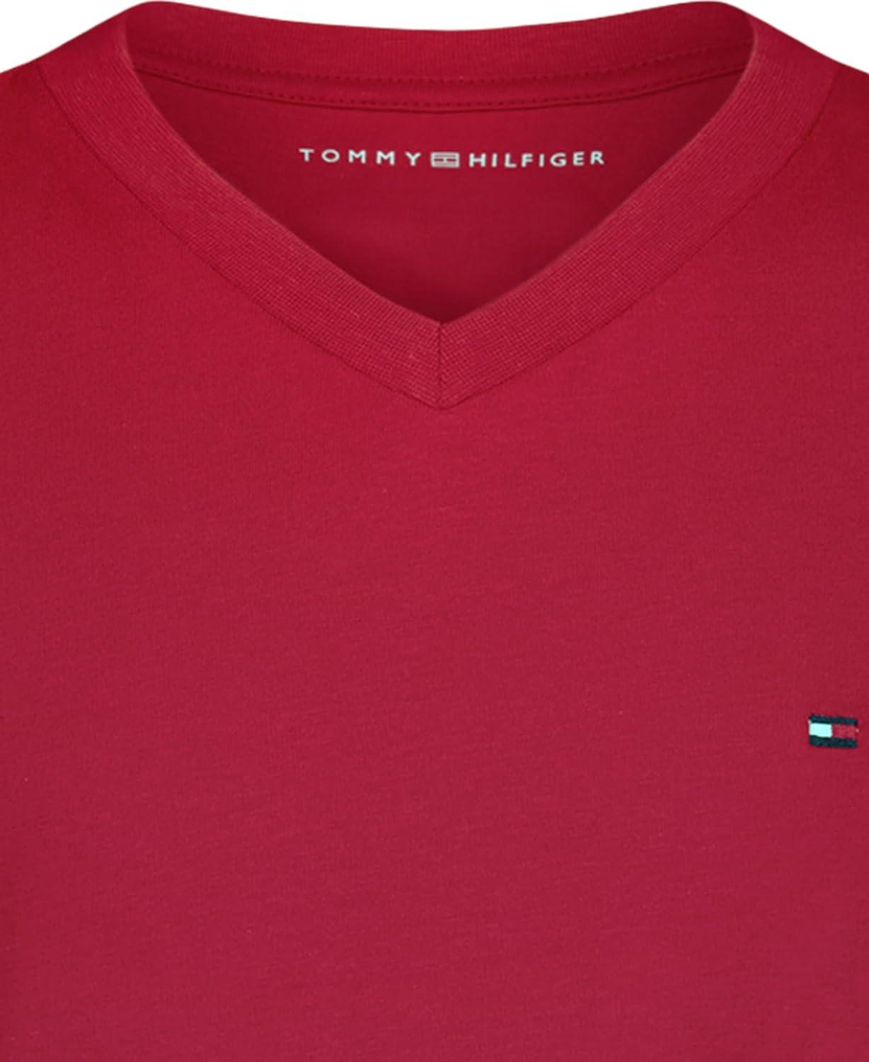 imageTommy Hilfiger Boys Short Sleeve Solid VNeck TShirt Soft Comfortable Relaxed FitScarlet Sage