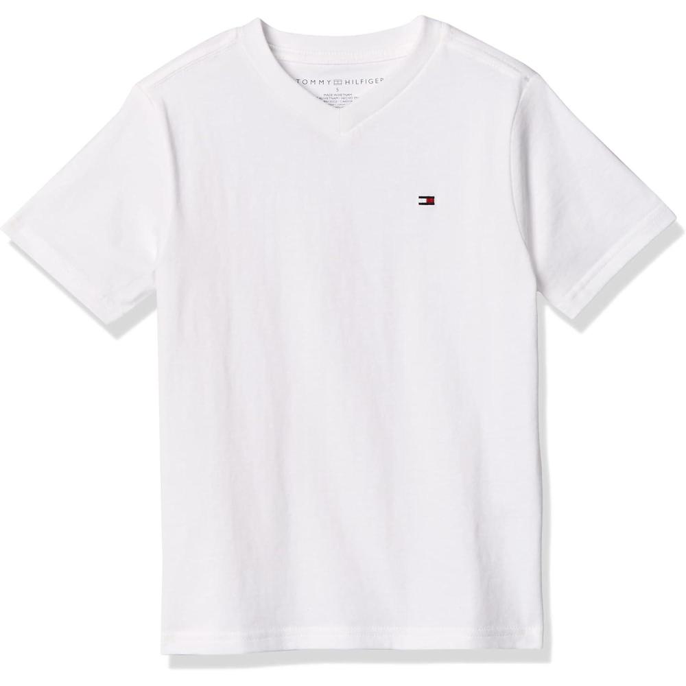imageTommy Hilfiger Boys Short Sleeve Flag Solid VNeck TShirtClassic Bright White