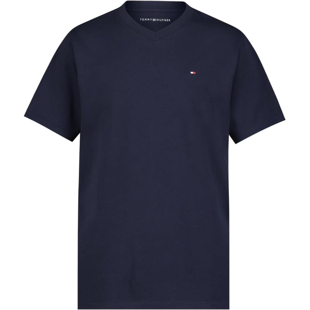 imageTommy Hilfiger Boys Short Sleeve Solid VNeck TShirt Soft Comfortable Relaxed FitNavy Blazer