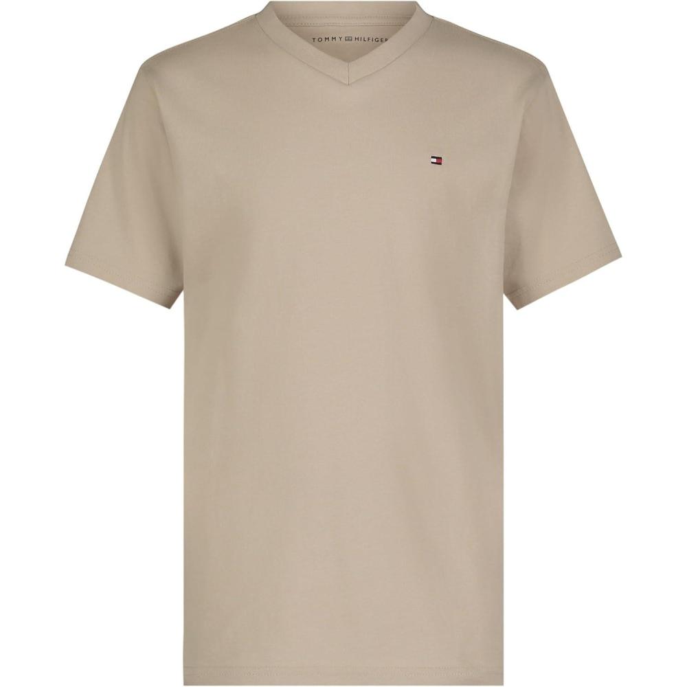 imageTommy Hilfiger Boys Short Sleeve Solid VNeck TShirt Soft Comfortable Relaxed FitSandalwood