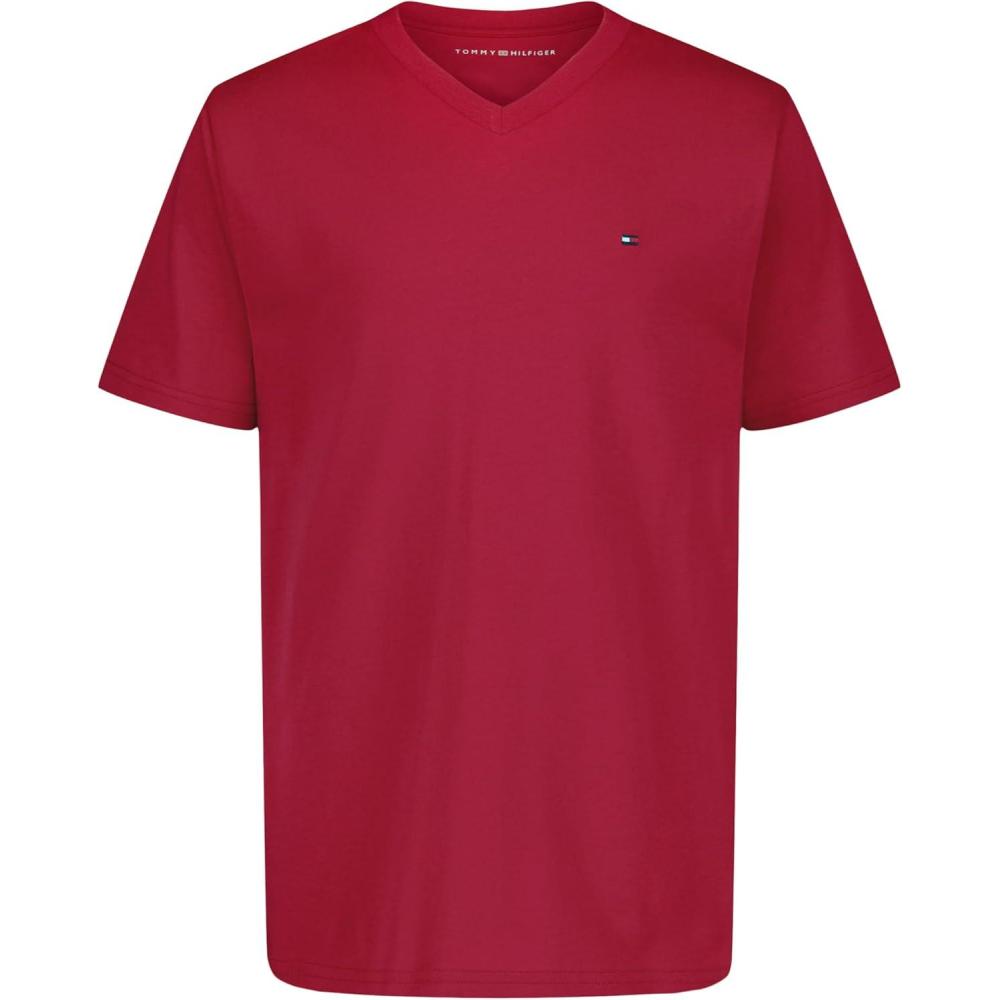 imageTommy Hilfiger Boys Short Sleeve Solid VNeck TShirt Soft Comfortable Relaxed FitScarlet Sage