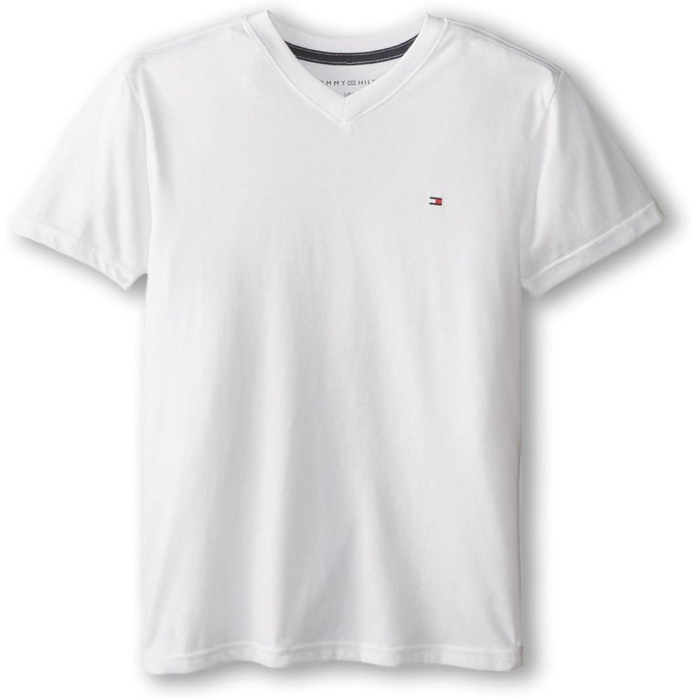 imageTommy Hilfiger Boys Short Sleeve Solid VNeck TShirt Soft Comfortable Relaxed FitWhite