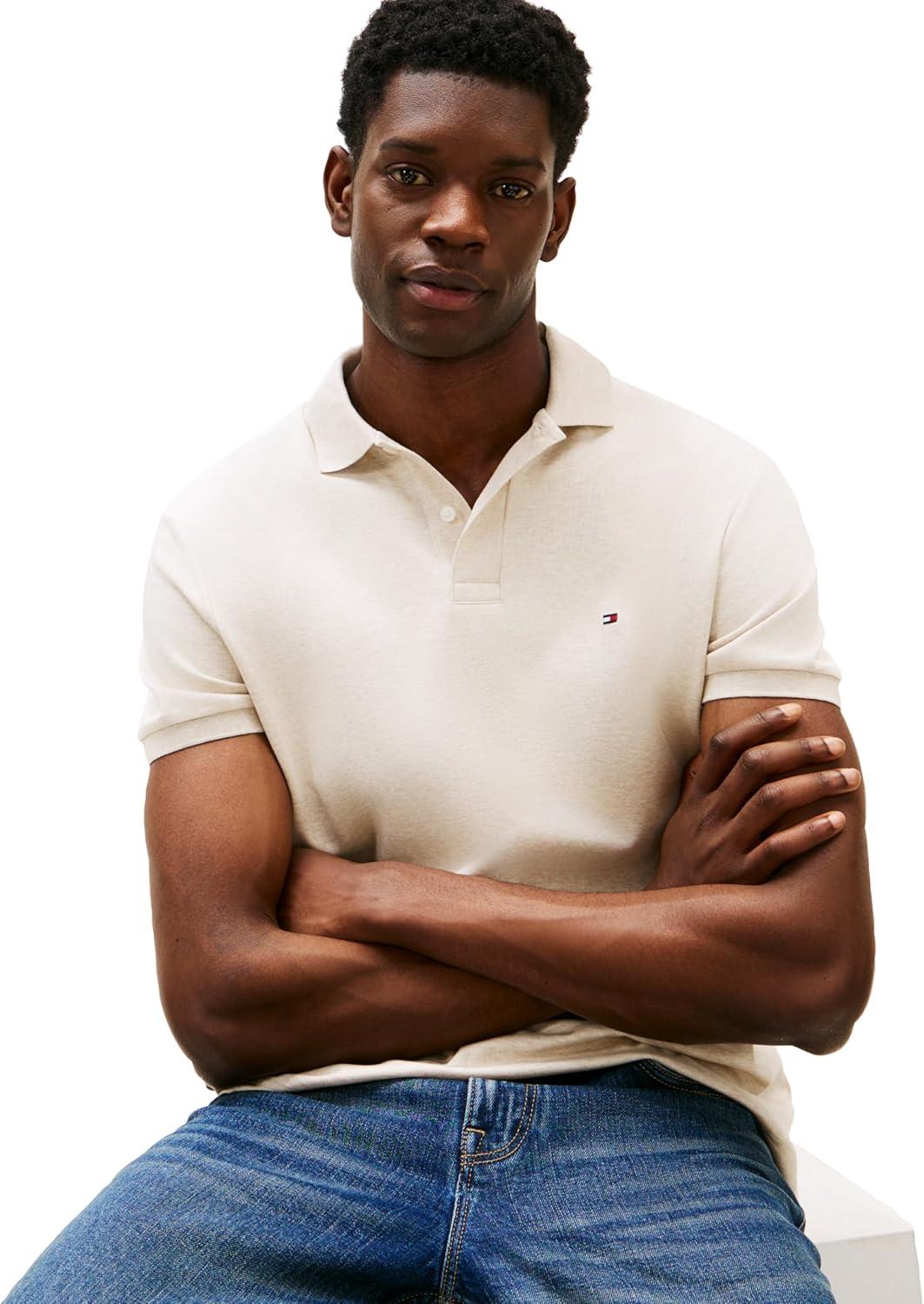 imageTommy Hilfiger Mens Short Sleeve Casual Polo Shirts in Regular Fit with Liquid CottonHeathered Oatmilk