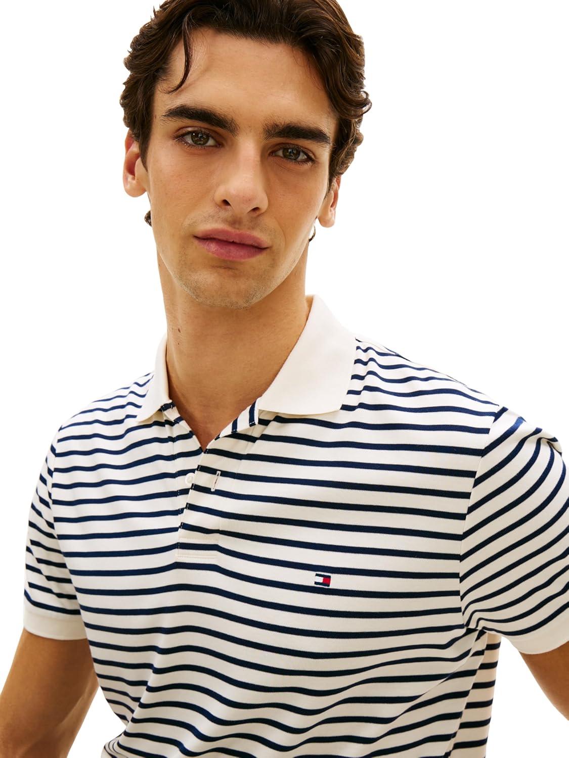 imageTommy Hilfiger Mens Short Sleeve Casual Polo Shirts in Regular Fit with Liquid CottonIvory Petal Carbon Navy