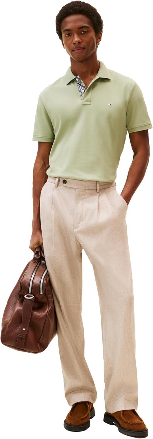 imageTommy Hilfiger Mens Short Sleeve Casual Polo Shirts in Regular Fit with Stretch and Hidden Placket DesignEarth Sage
