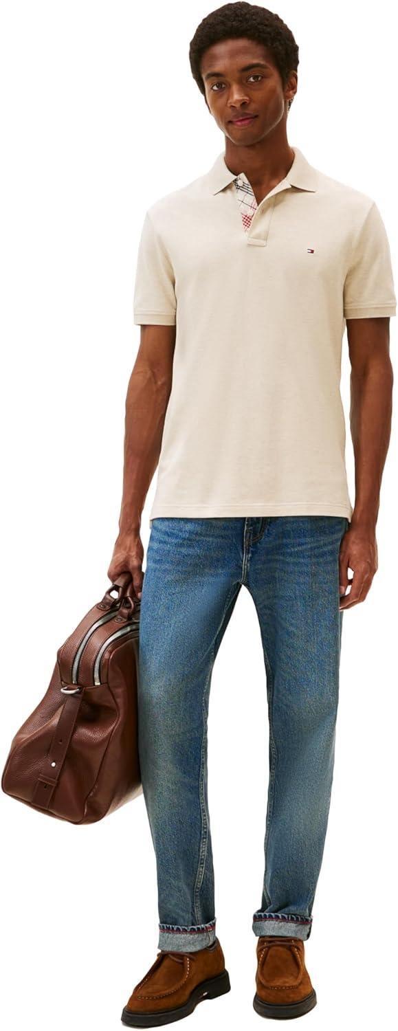 imageTommy Hilfiger Mens Short Sleeve Casual Polo Shirts in Regular Fit with Stretch and Hidden Placket DesignHeathered Oatmilk