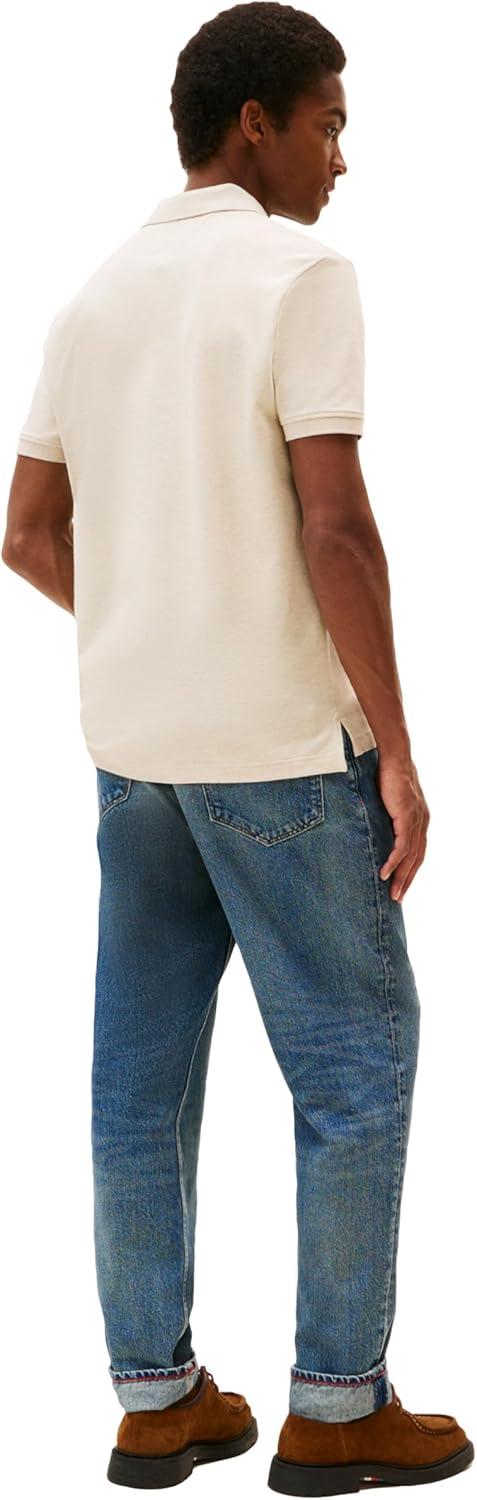 imageTommy Hilfiger Mens Short Sleeve Casual Polo Shirts in Regular Fit with Stretch and Hidden Placket DesignHeathered Oatmilk