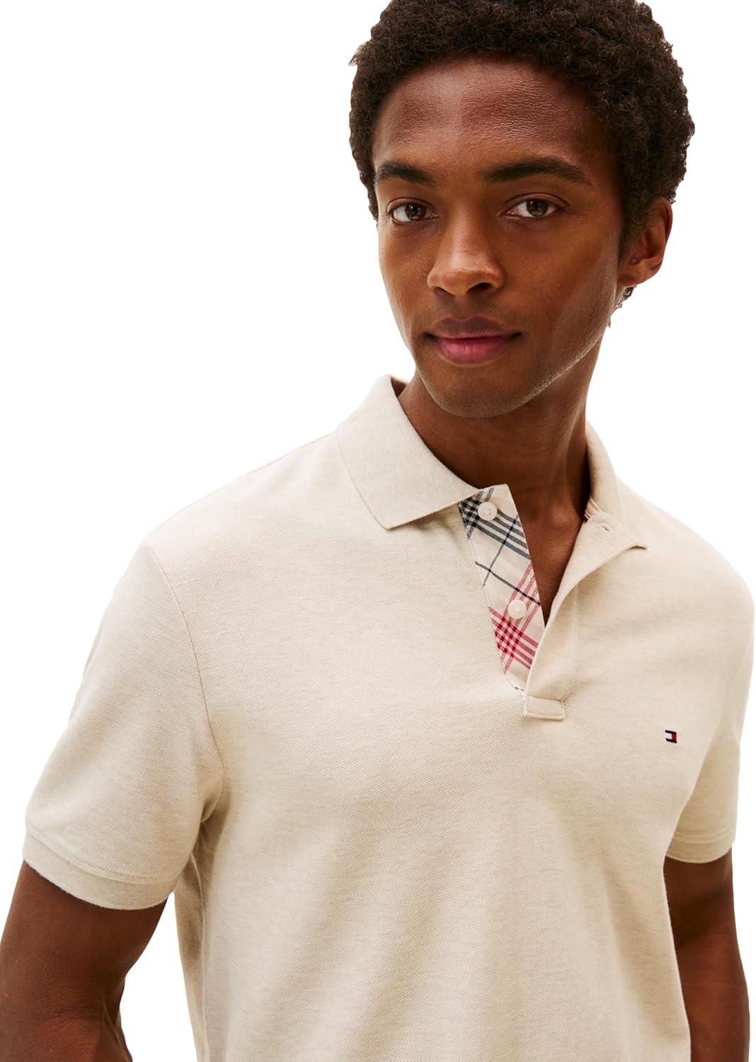 imageTommy Hilfiger Mens Short Sleeve Casual Polo Shirts in Regular Fit with Stretch and Hidden Placket DesignHeathered Oatmilk