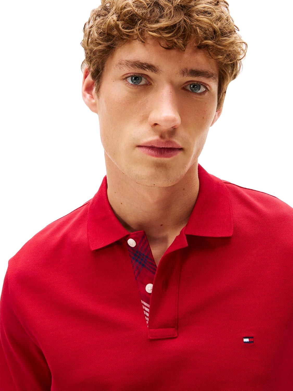 imageTommy Hilfiger Mens Short Sleeve Casual Polo Shirts in Regular Fit with Stretch and Hidden Placket DesignMedium Red