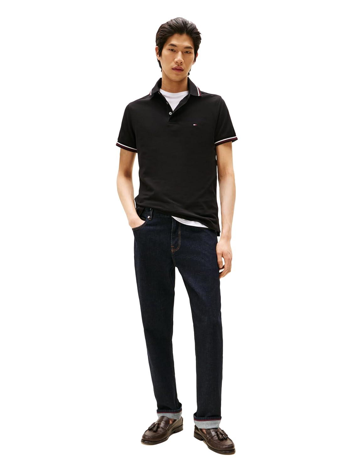 imageTommy Hilfiger Mens Short Sleeve Casual Polo Shirts in Slim Fit with Stretch and Cuff DesignsBlack