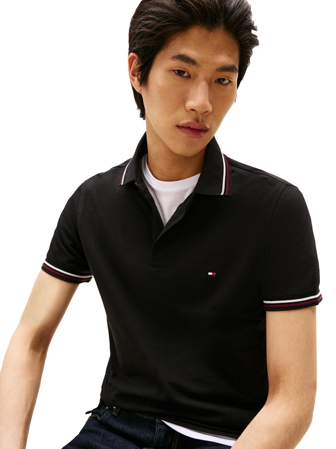 imageTommy Hilfiger Mens Short Sleeve Casual Polo Shirts in Slim Fit with Stretch and Cuff DesignsBlack